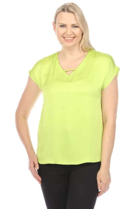 Joseph Ribkoff Keyhole V-Neck Short Sleeve Satin Top 242123