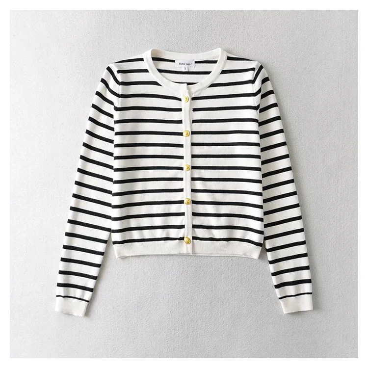 Xiaoxiangfeng knitted cardigan black and white striped gold button top  7524